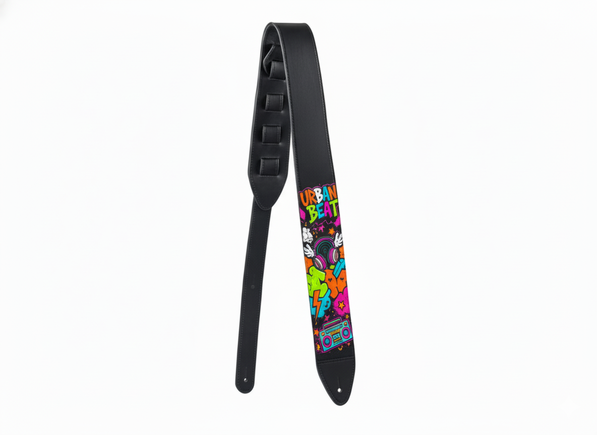 A leather strap with anime-style art printed on it